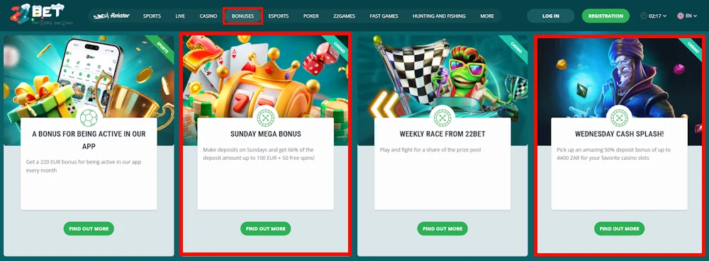 22Bet Casino Wednesday and Sunday Bonuses Screenshot